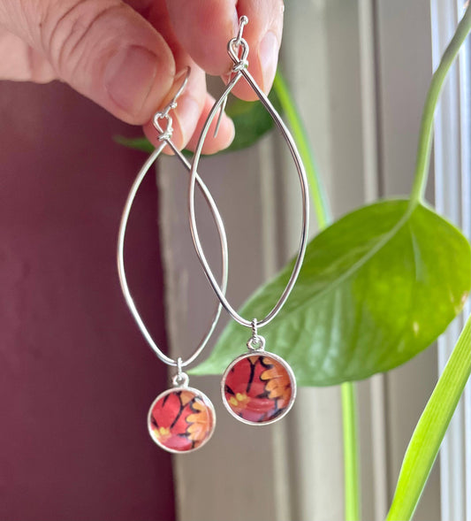 Silver Navette Drop Earrings - poppies, red orange flowers