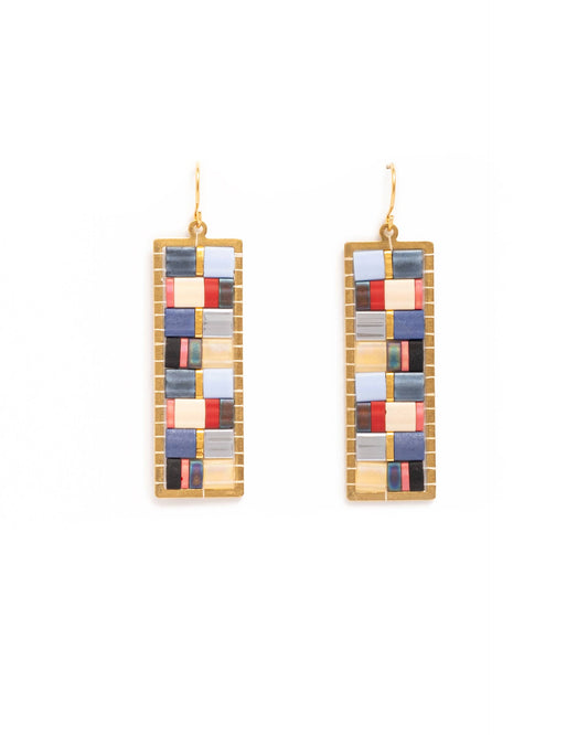 Beaded Handwoven Mosaic Tila and Brass Earrings (Blue/Red)