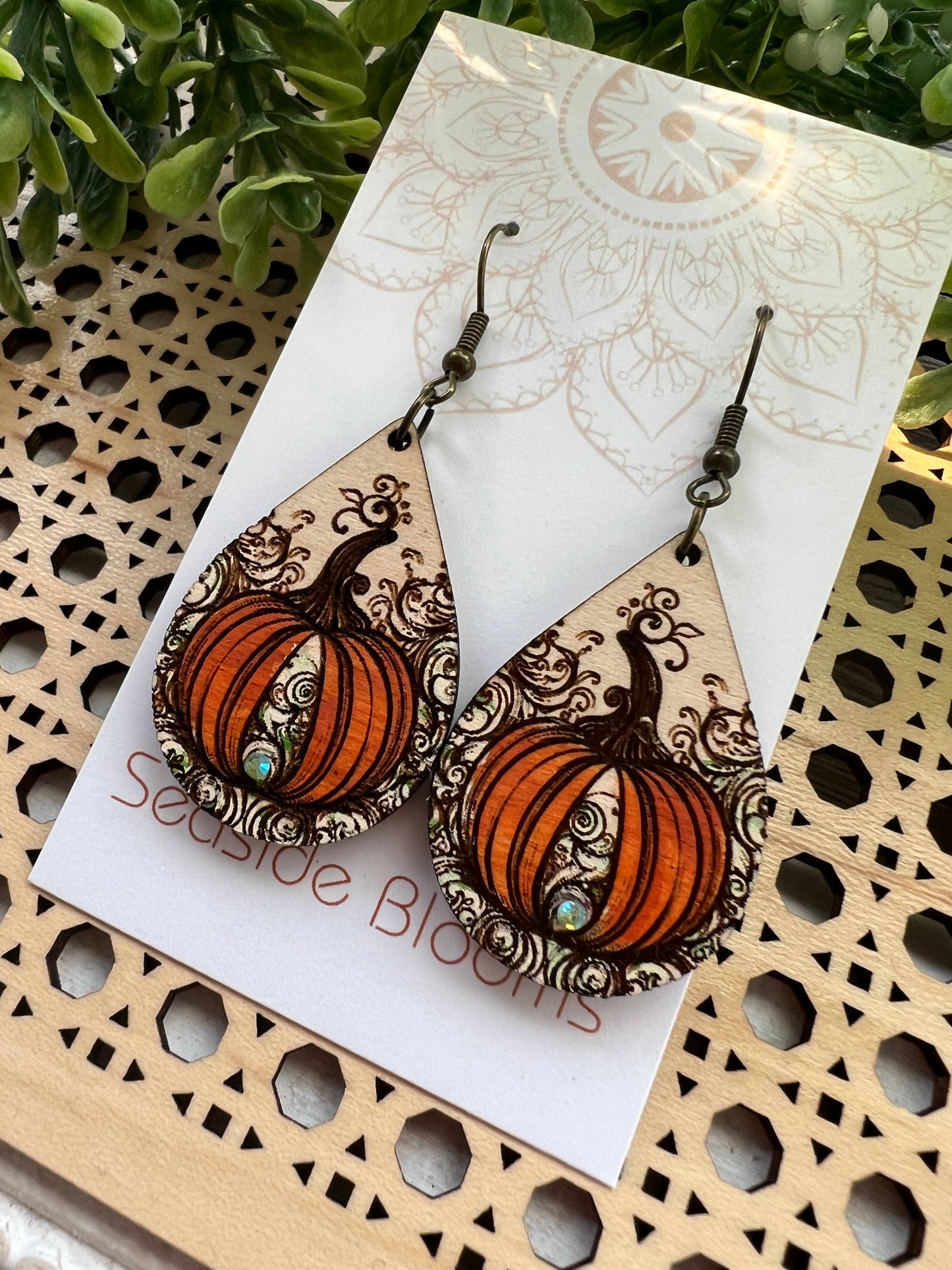 Pumpkin  hand painted lightweight  maple wood earrings   