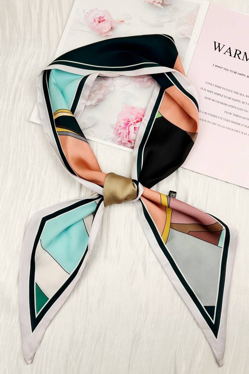Modern Geometric Color Block Satin Silky Skinny Scarf