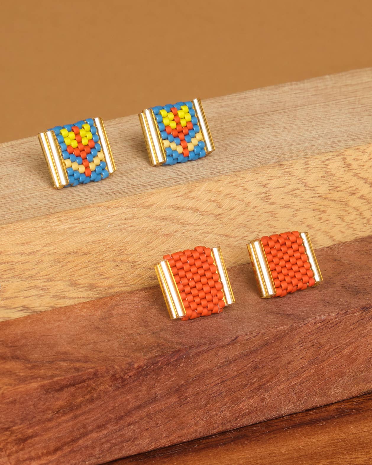 Beaded Handwoven Tulip Stud Pack (Teal/Rust)