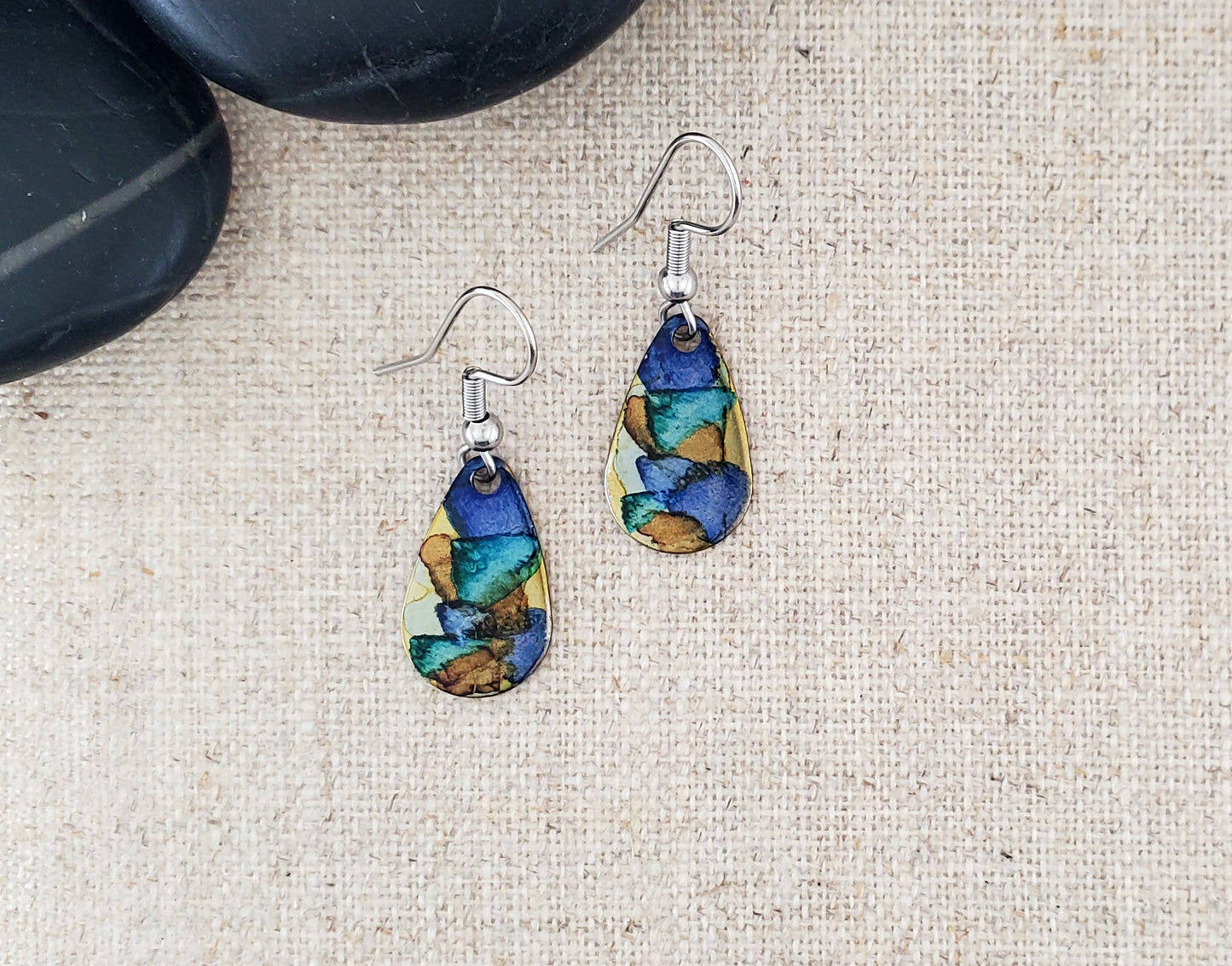 Alcohol Ink Stainless Steel Small Teardrop Earrings