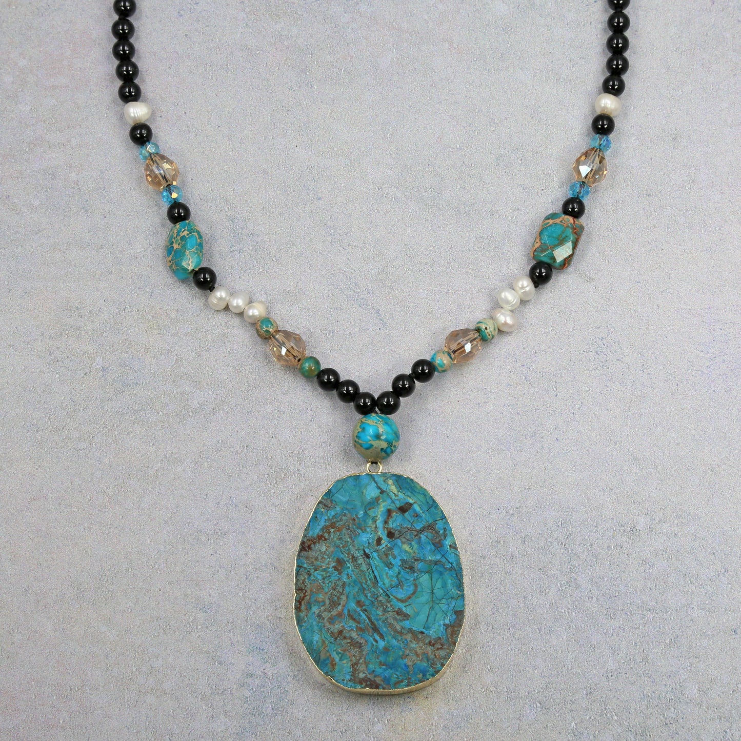 Onyx and Imperial Jasper Geo Pendant Necklace