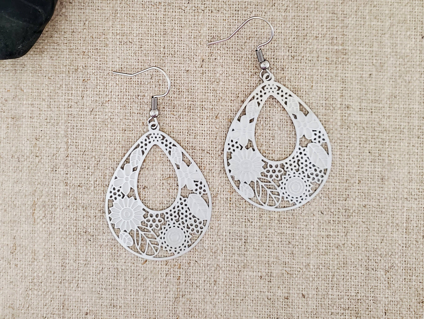 Large Flower Filigree Stainless Steel Teardrop   Earrings
