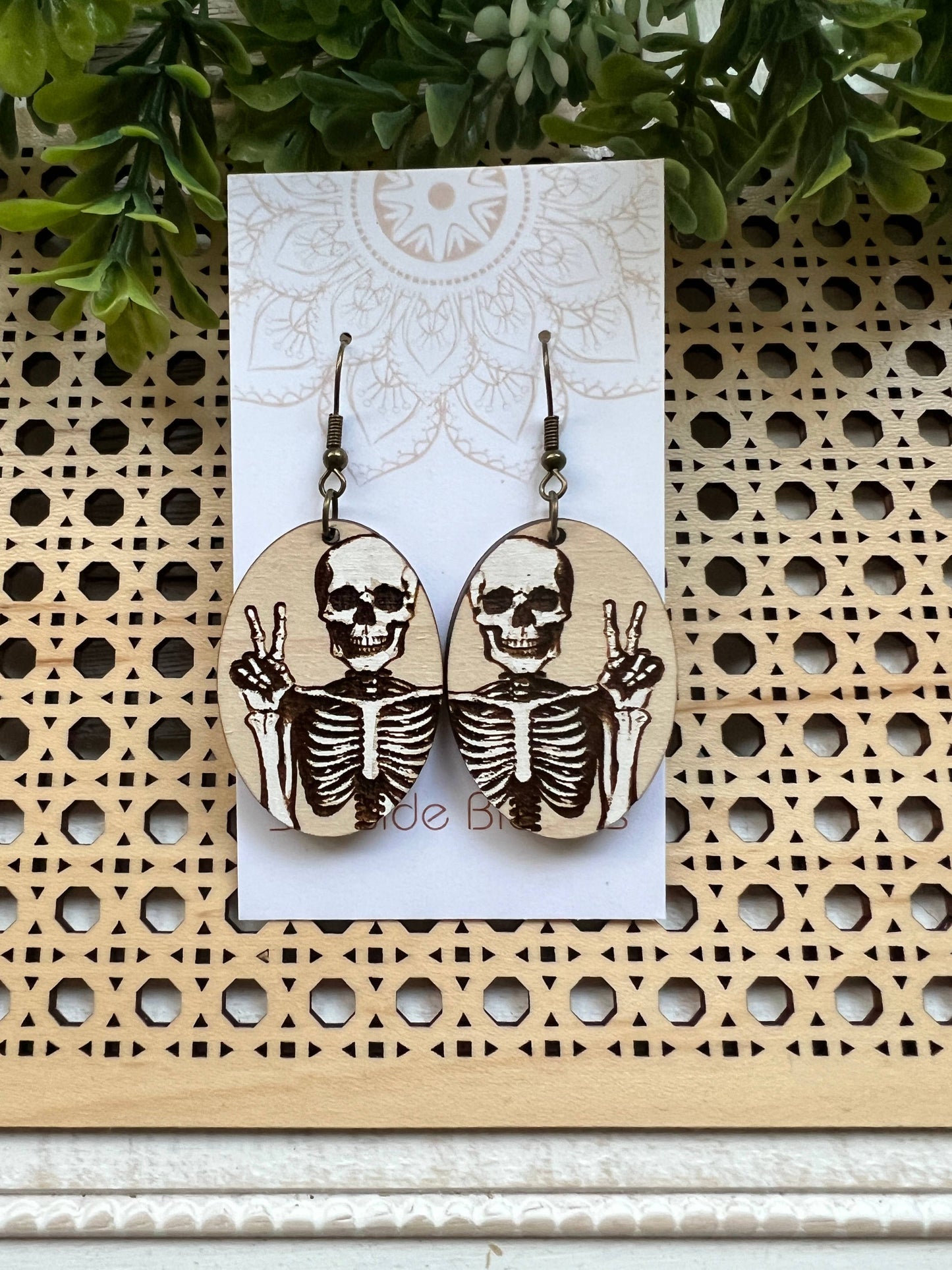 Skeleton hand painted lightweight wood earrings