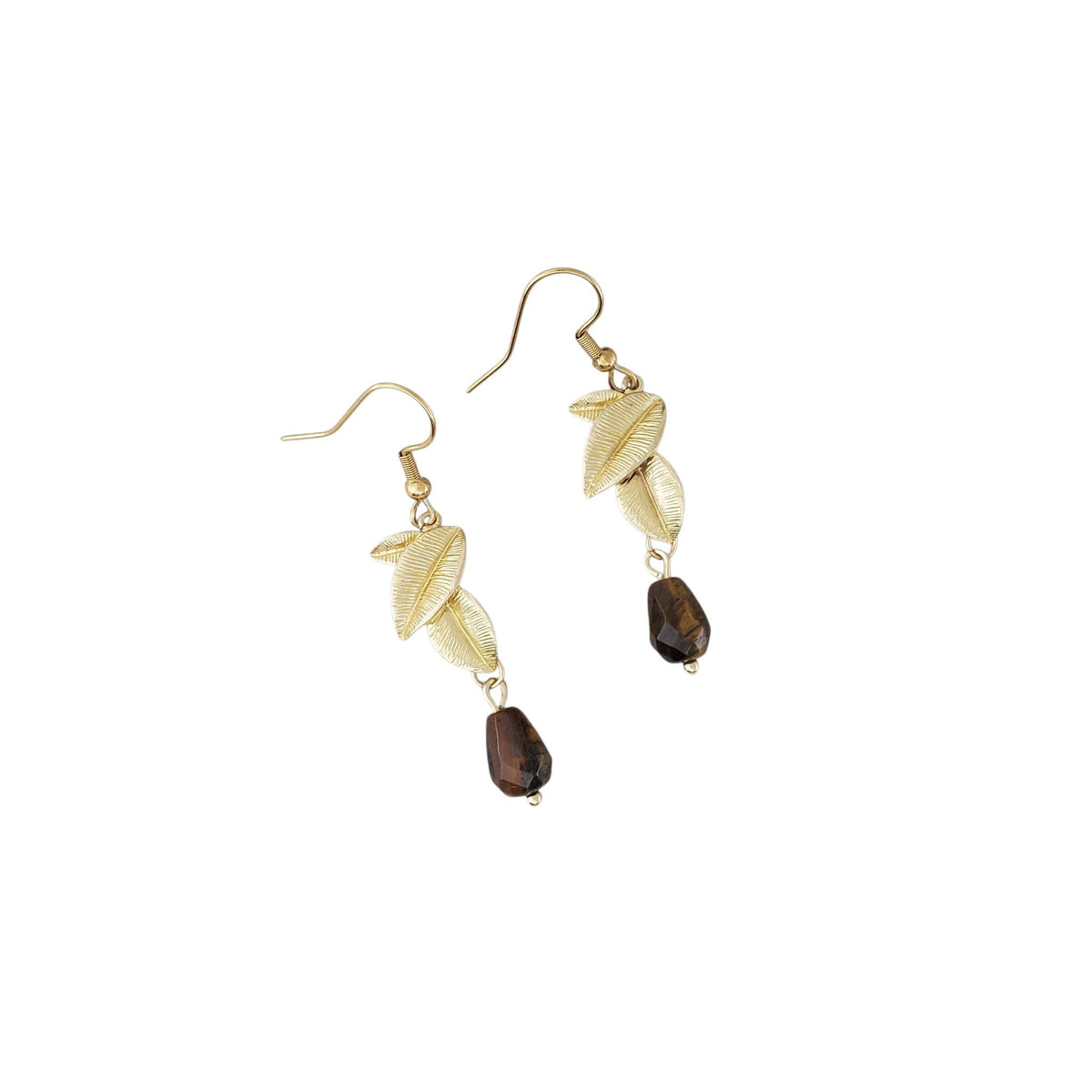 Brass Leaf and Tigers Eye Earrings