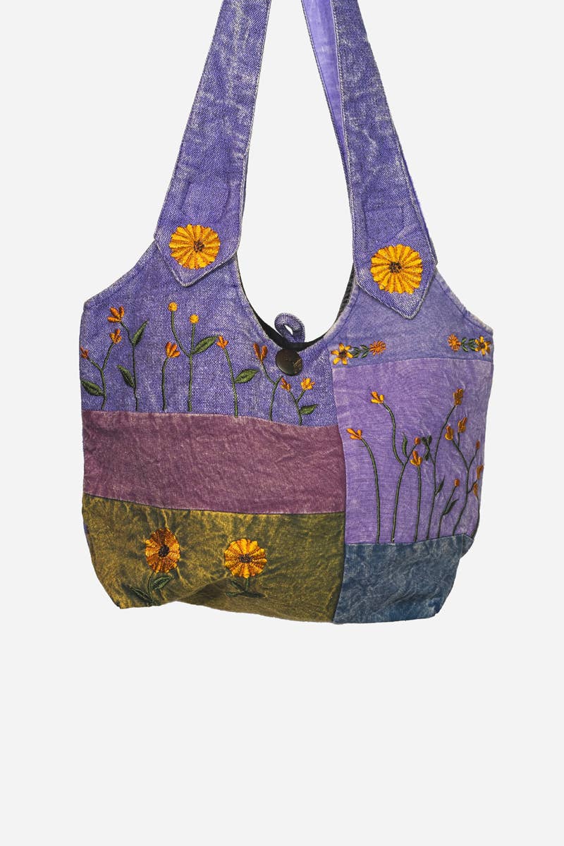 Wildflower Patchwork Cotton Hobo Handbag Purple Color