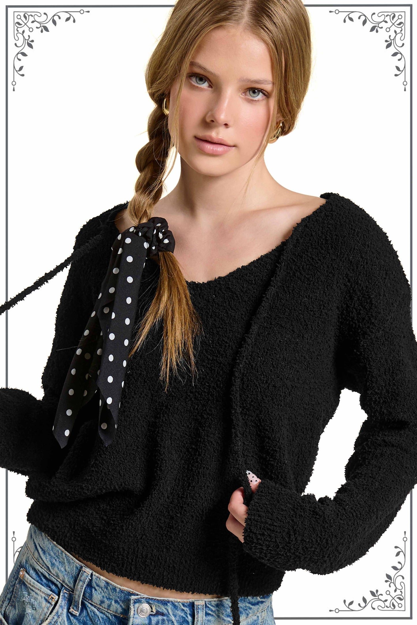 Fuzzy Reversible Drawstring V-Neck Sweater