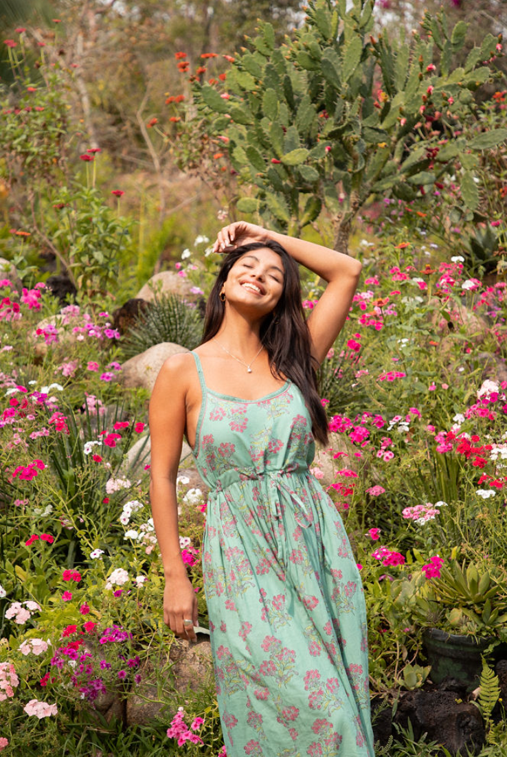 Block Printed Cotton Sundress with Hand embroidery (Amelia)