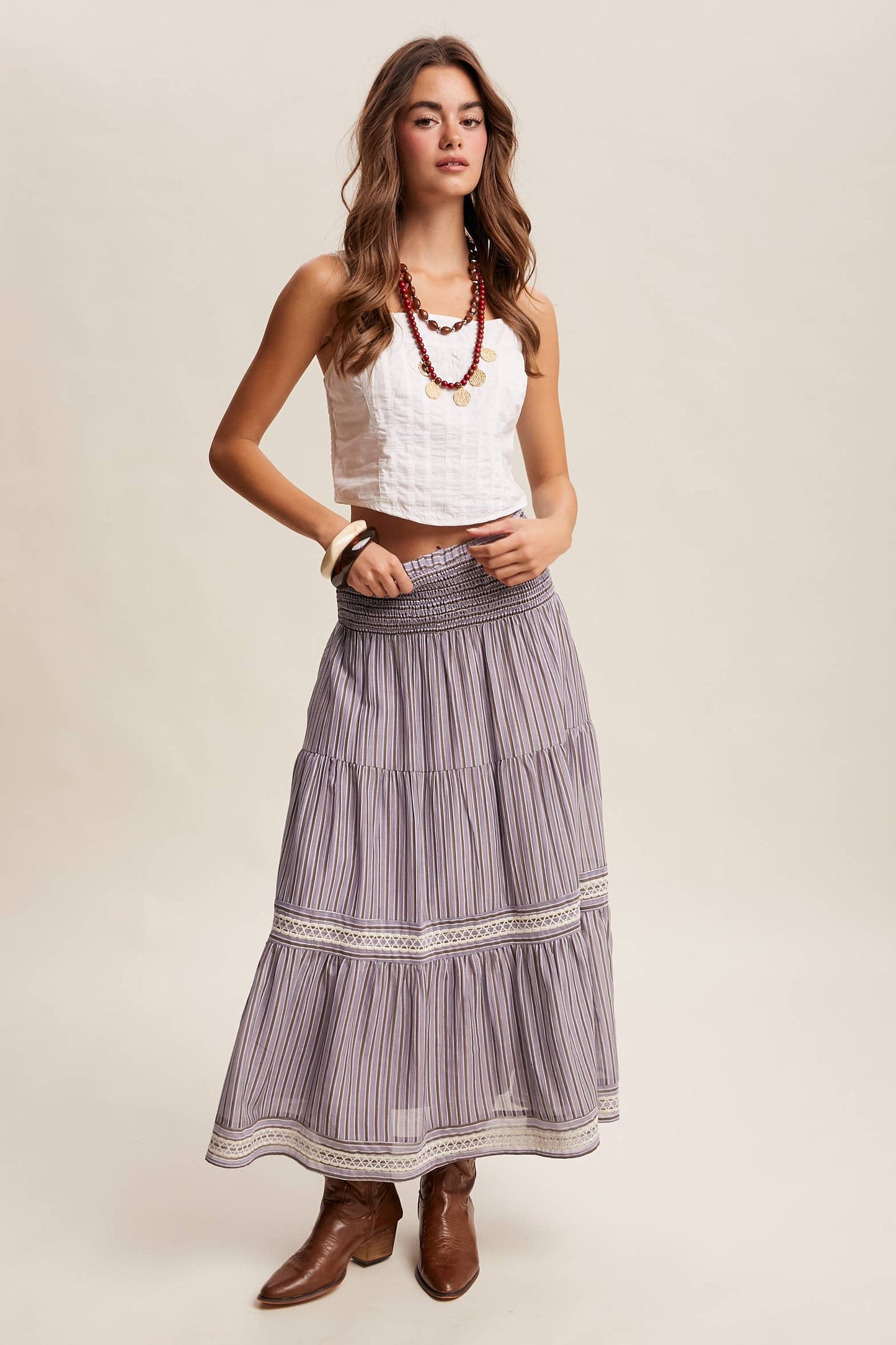 Striped Smocked Maxi Skirt with Embroidery Accents LSK0280
