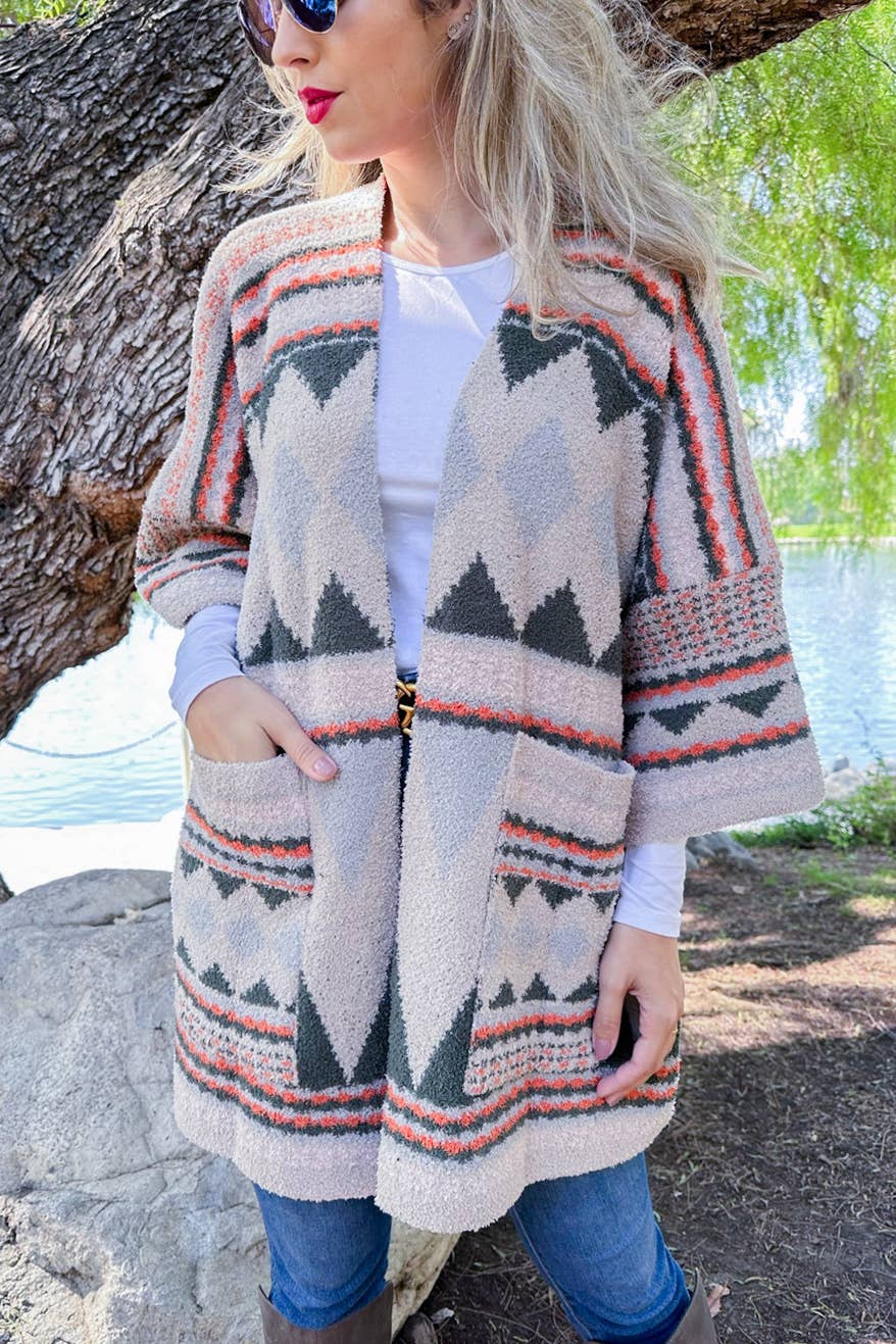 Olive Aztec Soft Knit Open Front Cardigan With Pocket