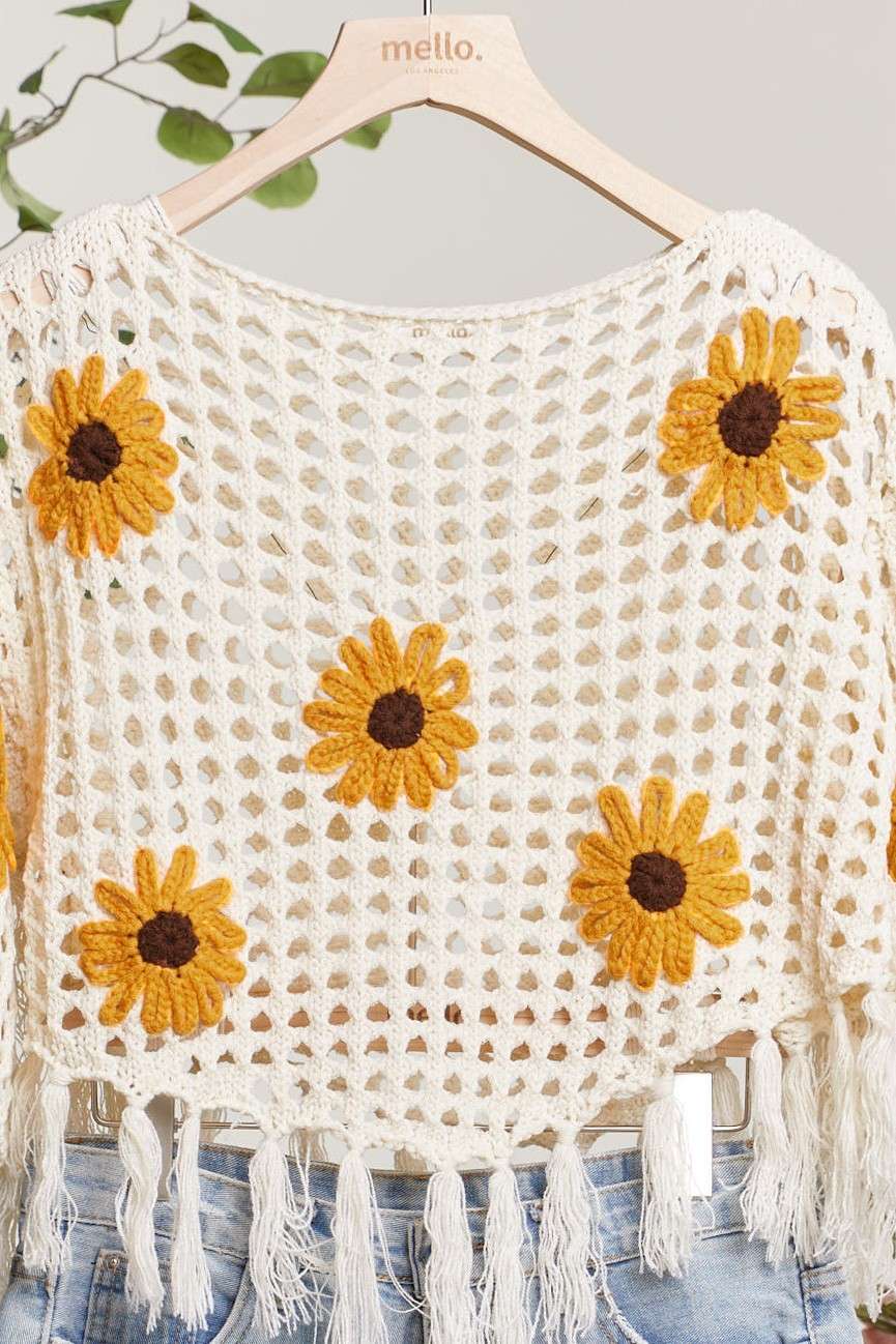 Boat Neck Crochet SunFlower Top with Fringe detail