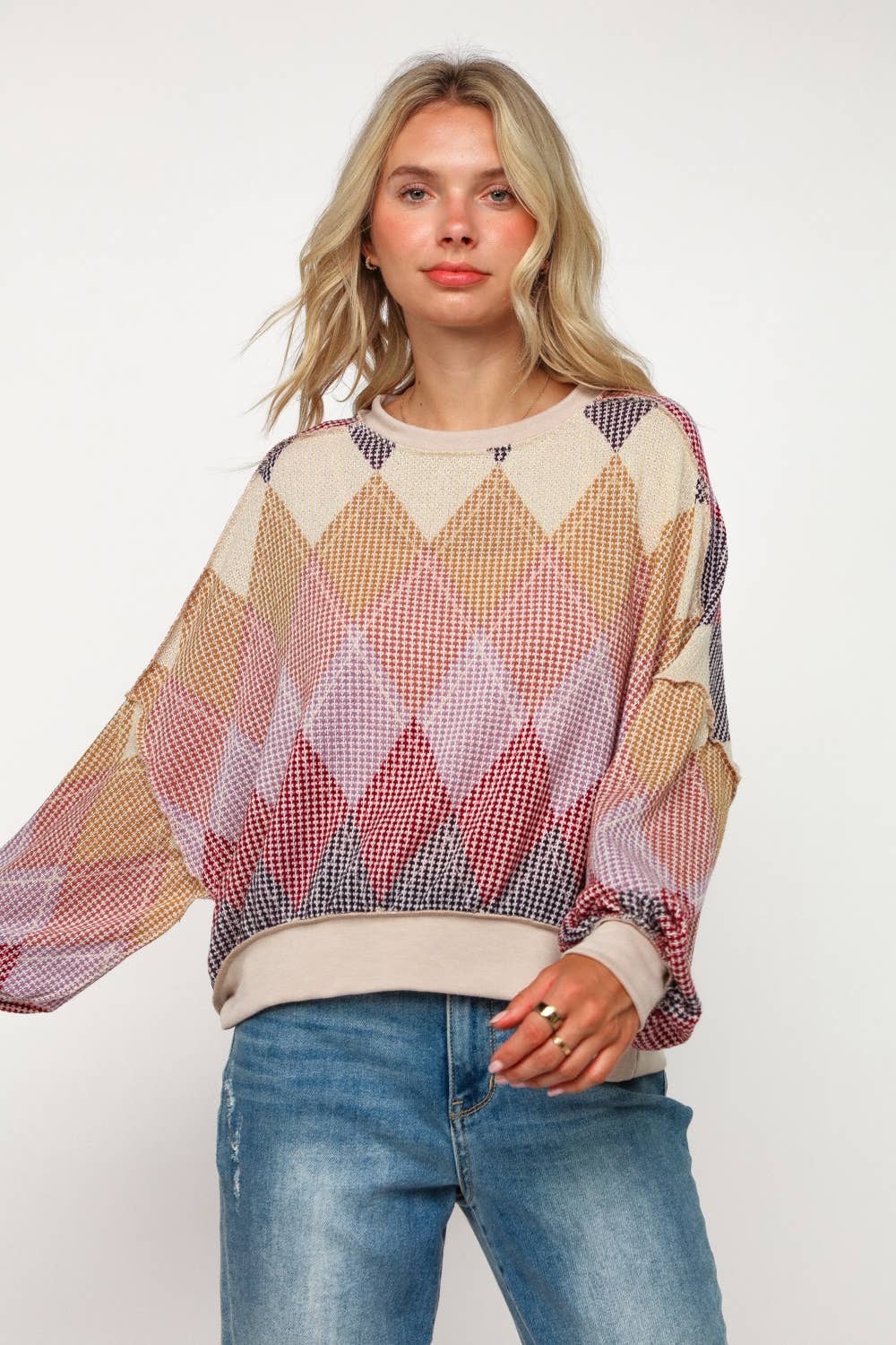 Argyle Print Oversized Long Sleeve Knit Top