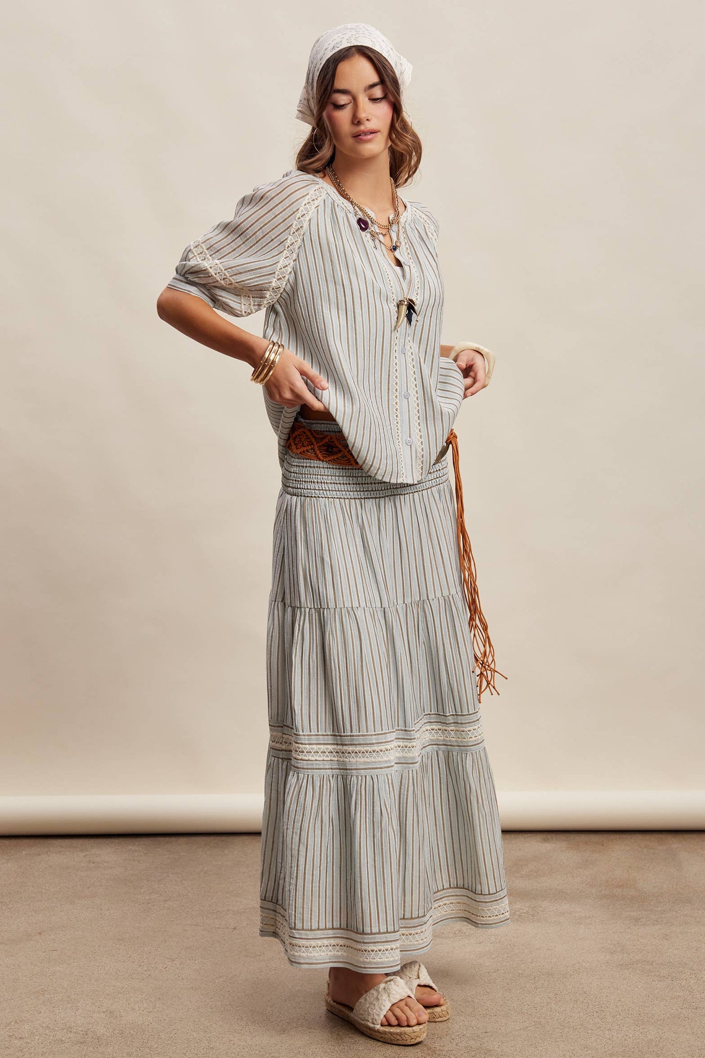 Striped Smocked Maxi Skirt with Embroidery Accents LSK0280