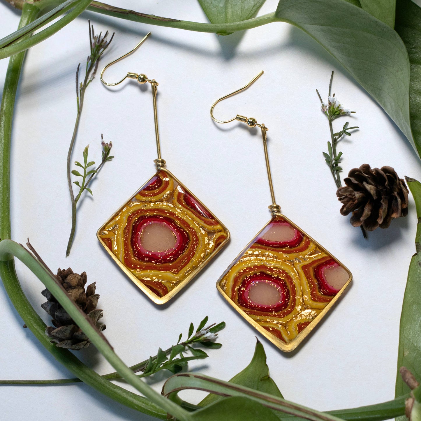 Diamond Dangle | Gold Frame Statement Earrings | Handmade