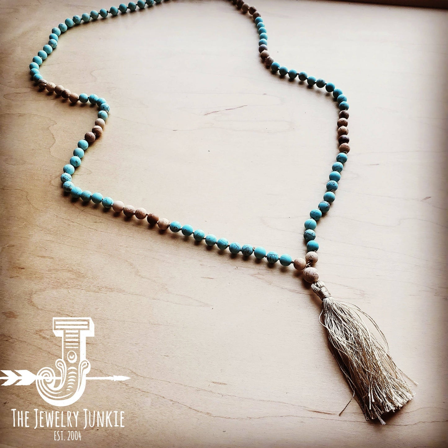 **Frosted Jasper Amazonite Beaded Necklace Tassel 253p