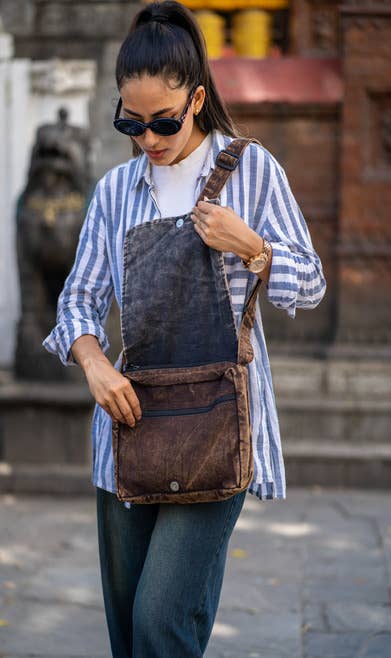 Cotton Brown Falling Leaf Shoulder Bag - Handcrafted Handbag