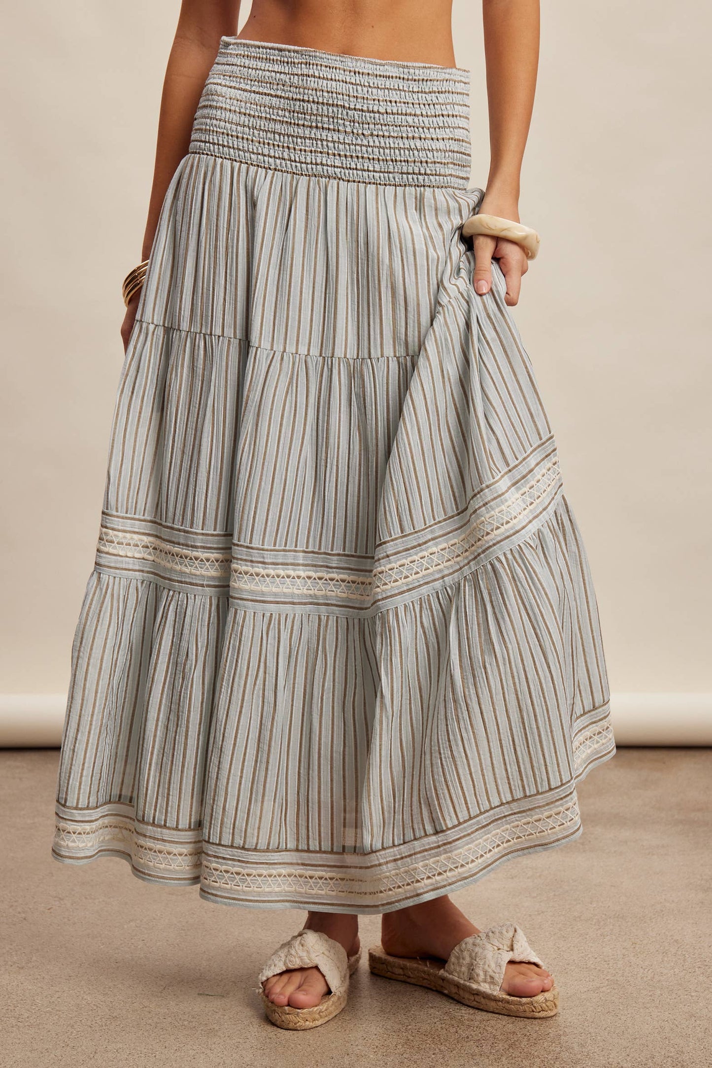 Striped Smocked Maxi Skirt with Embroidery Accents LSK0280
