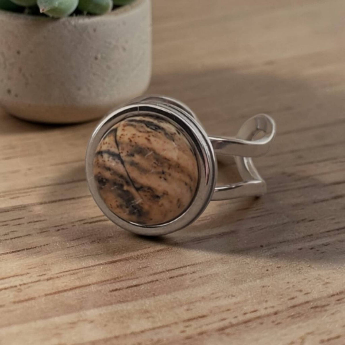 Landscape Jasper & Stainless Adjustable Ring Cuff