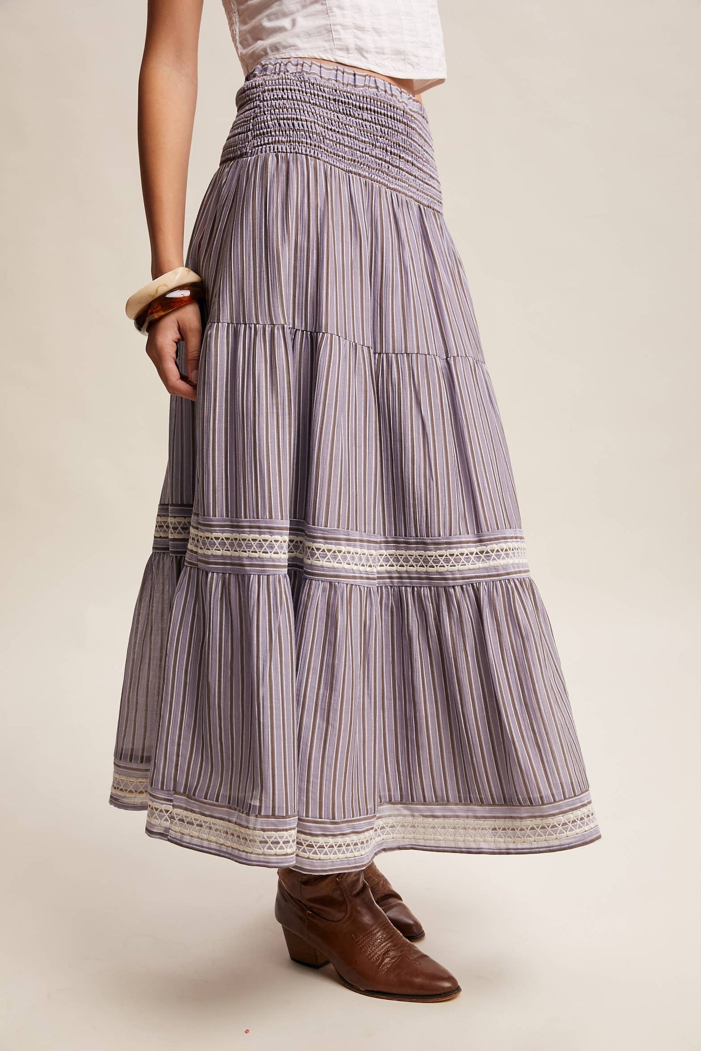 Striped Smocked Maxi Skirt with Embroidery Accents LSK0280