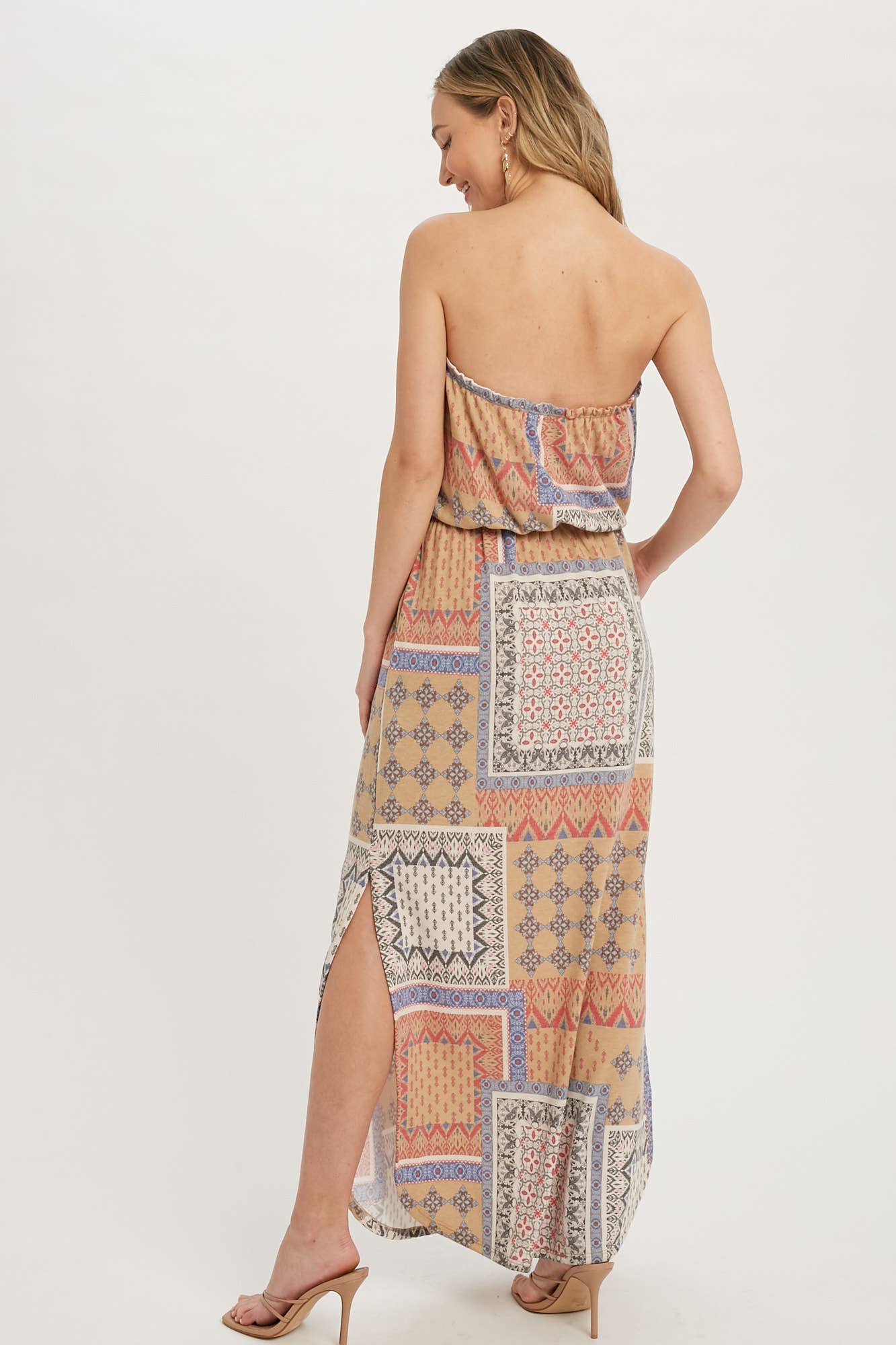 PATCHWORK PRINT TUBE MAXI DRESS