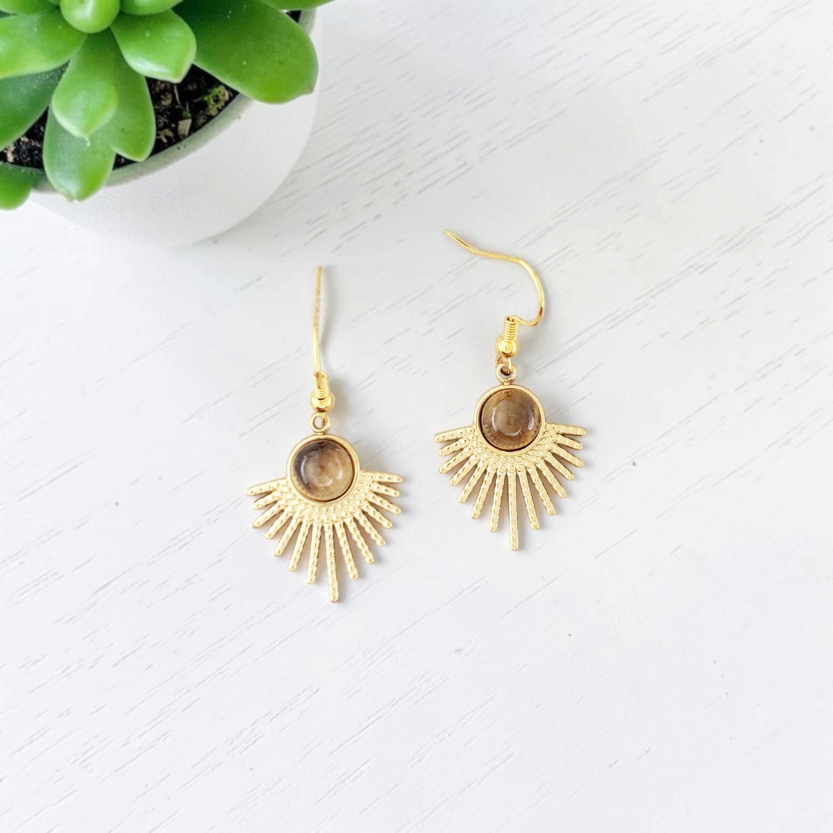 Tigers Eye Gold Plated Stainless Starburst Earrings