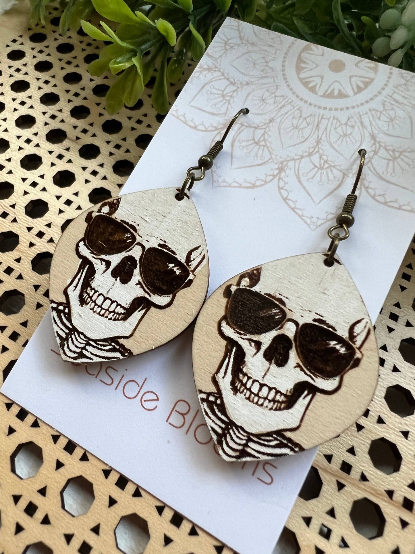 Skeleton hand painted lightweight wood earrings