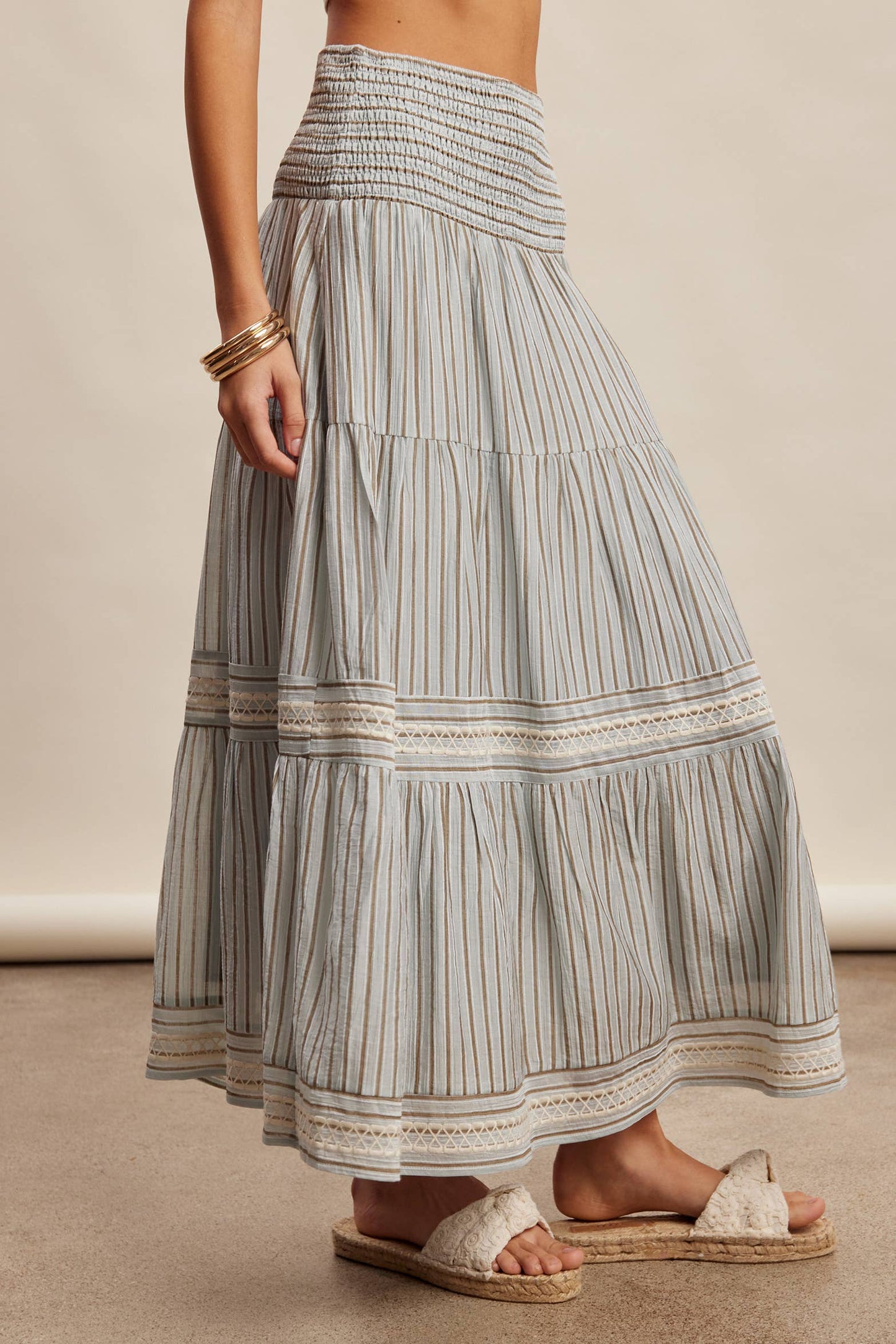 Striped Smocked Maxi Skirt with Embroidery Accents LSK0280