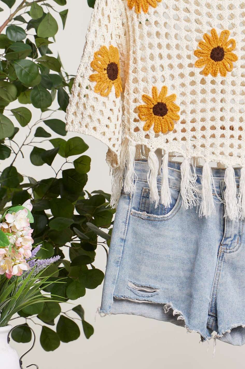 Boat Neck Crochet SunFlower Top with Fringe detail