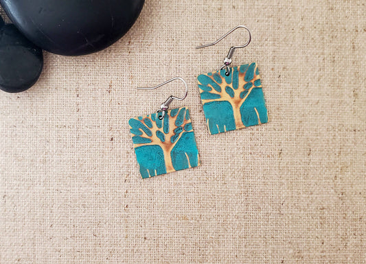 Small Square Embossed Tree Paint Patina Earrings