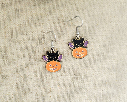 Halloween Cat Bat Pumpkin Enamel & Stainless Earring