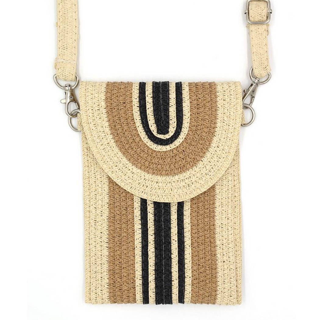 STRIPED PATTERN STRAW CELLPHONE CROSSBODY BAG