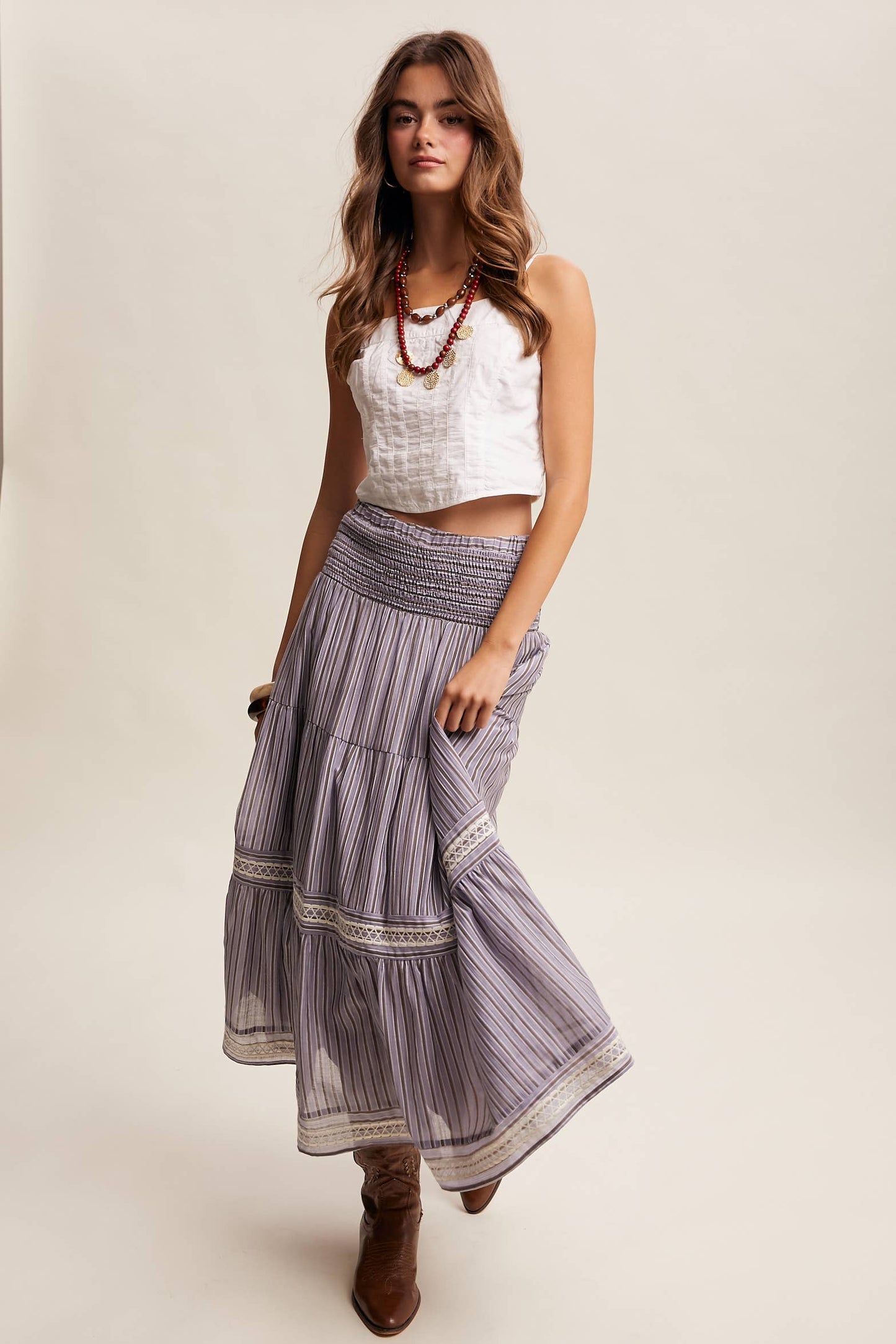 Striped Smocked Maxi Skirt with Embroidery Accents LSK0280