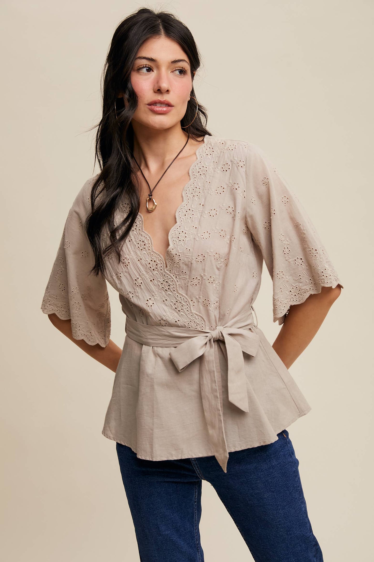Eyelet Embroidered Wrap Blouse