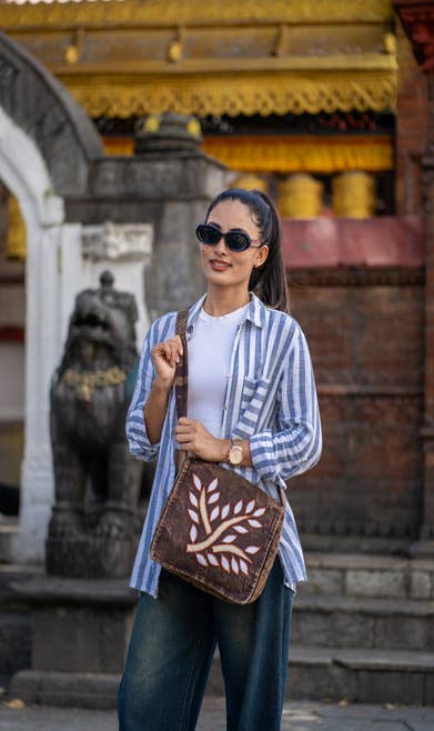 Cotton Brown Falling Leaf Shoulder Bag - Handcrafted Handbag