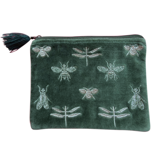 Green Velvet Bees & Dragonflies Coin Purse