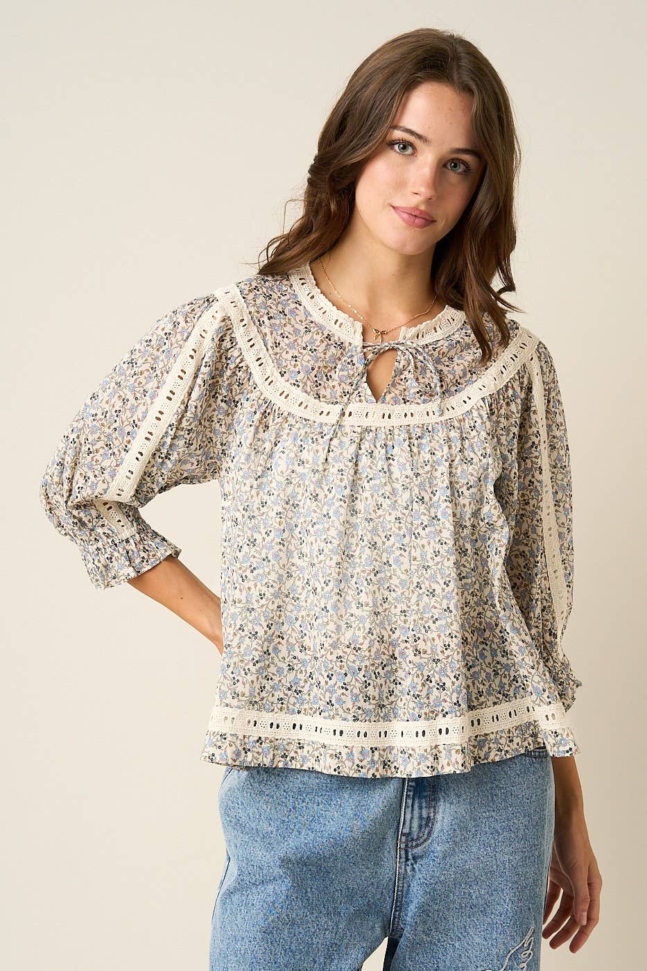Floral Crochet Trim Boho Blouse