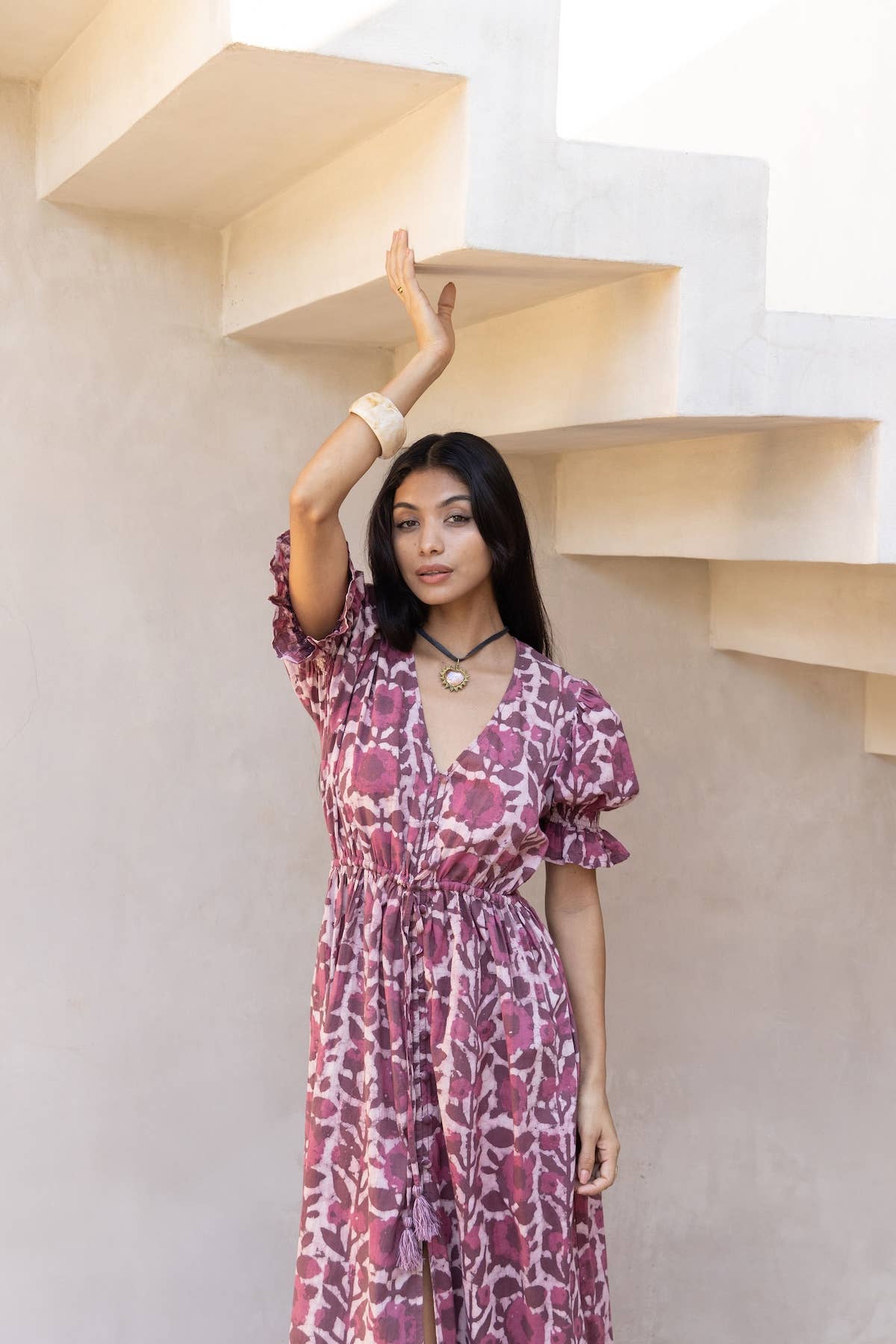 Hand Block Printed Naturally Dyed Cotton Maxi Dress (Emelie)
