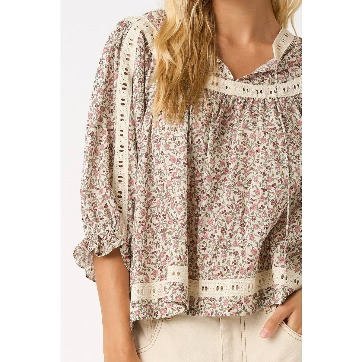 Floral Crochet Trim Boho Blouse