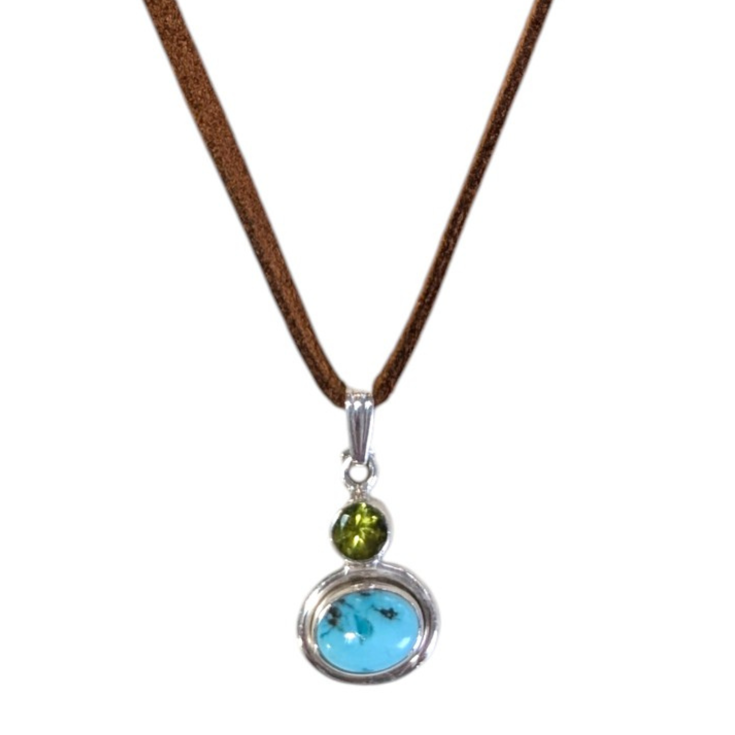 SALE Sterling Turquoise & Peridot Pendant on Suede Necklace