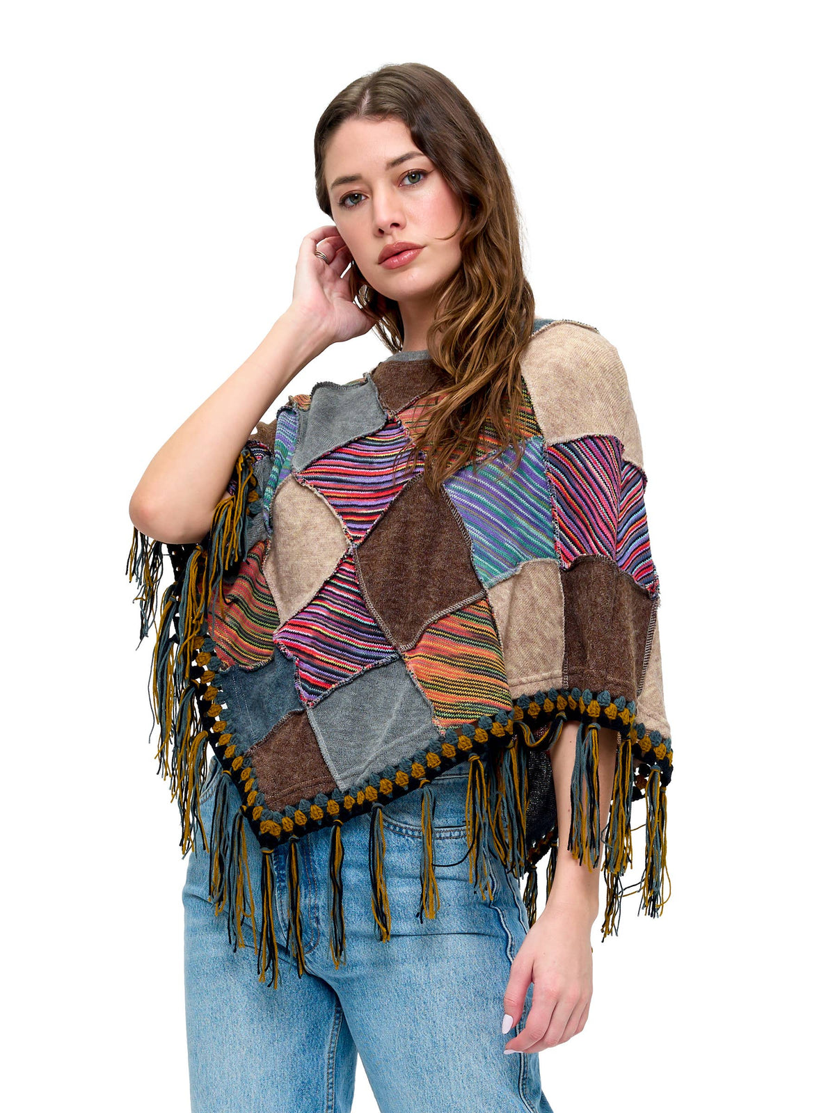 Poncho Boho Patchwork Crochet Details Fringe