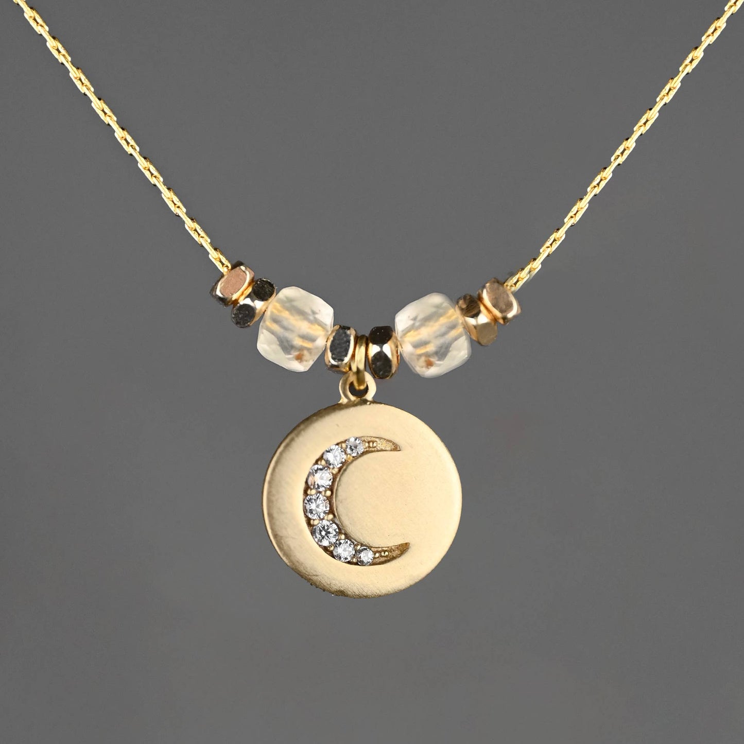 Pave Moon w/ Semi Precious Stones Necklace