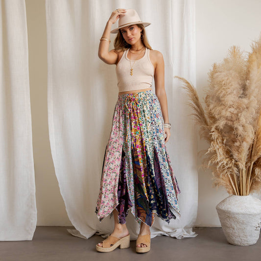 Artisan Bohemian Patchwork Handkerchief Maxi Skirt NEW