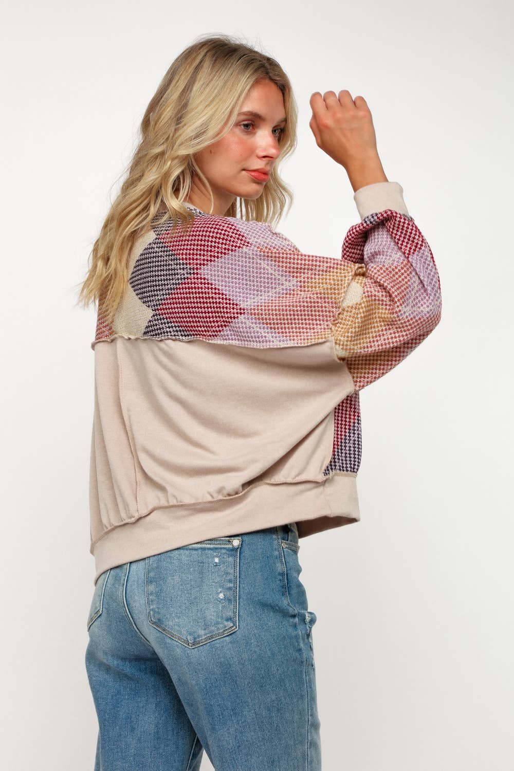 Argyle Print Oversized Long Sleeve Knit Top