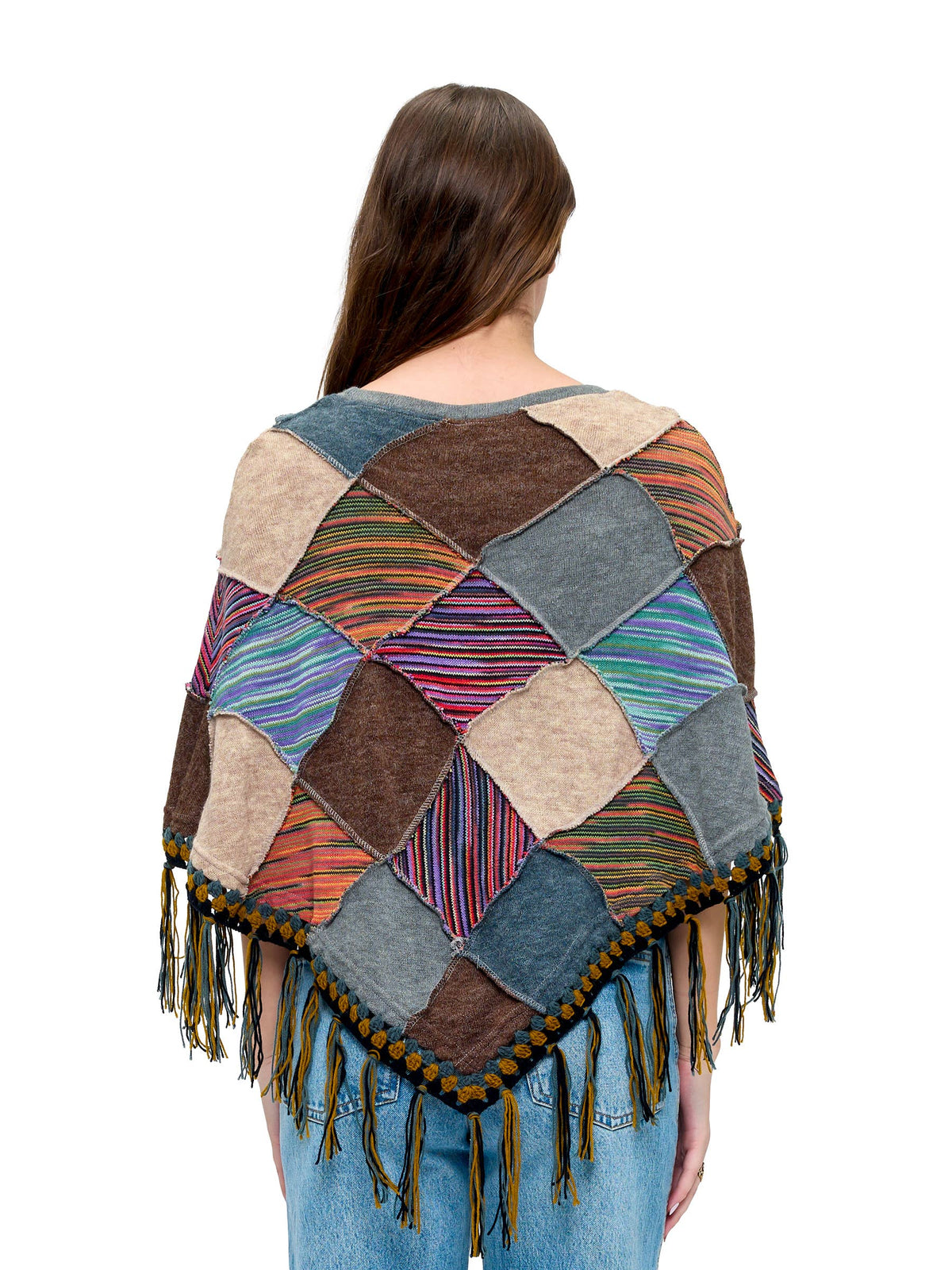 Poncho Boho Patchwork Crochet Details Fringe
