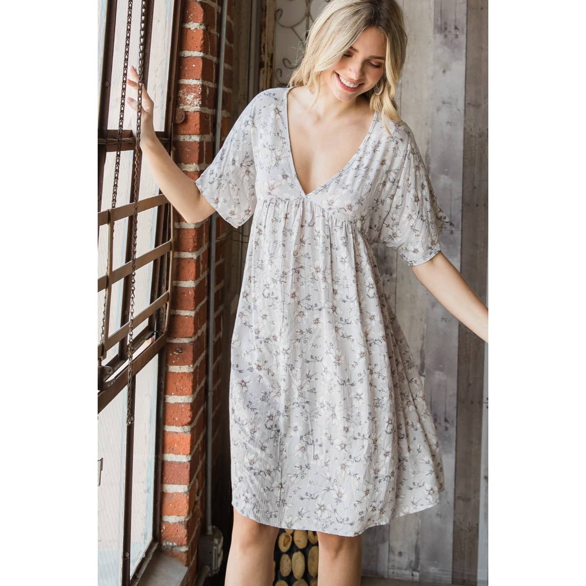 Floral Deep V Neckline Tie Waist Dress