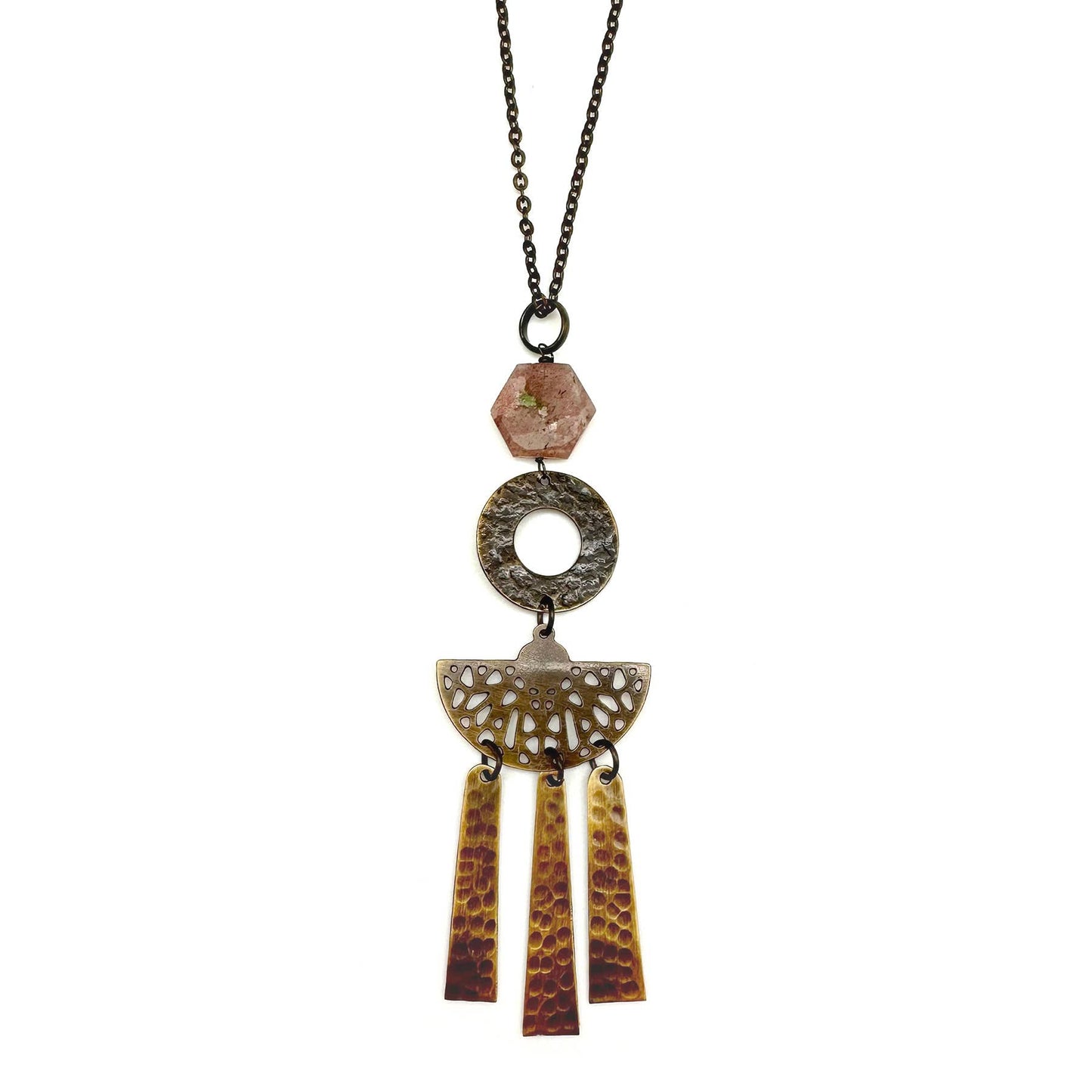 Handmade Antique Brass Necklace - Strawberry Quartz
