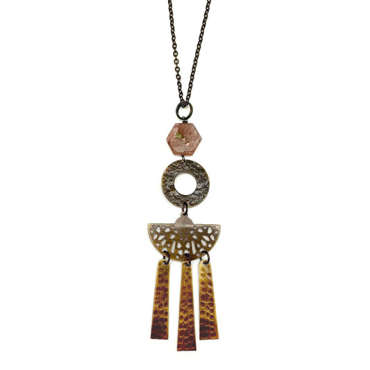 Handmade Antique Brass Necklace - Strawberry Quartz