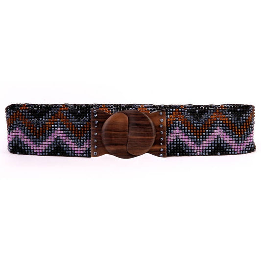 Hand loomed glass beaded belt wood Chevron gunmetal