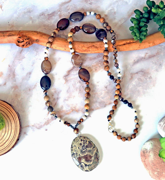 Long Beaded Earthy Tone Jasper Pendant Necklace